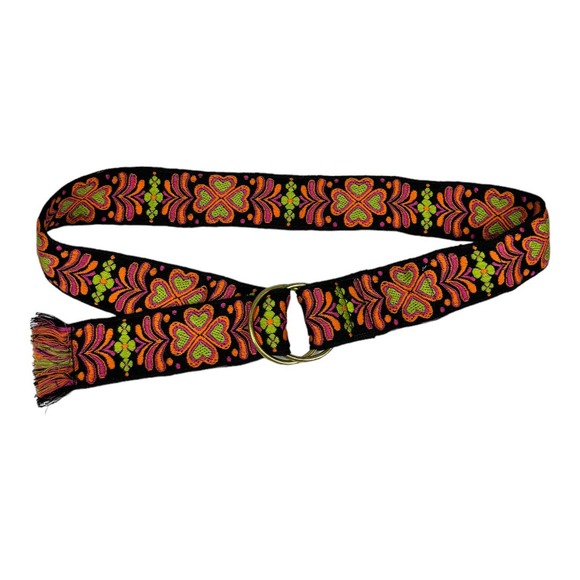 Vintage Woven Tapestry Floral Boho Belt OS Black Neon Orange Flower Wickford RI - Picture 1 of 6